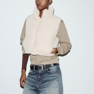ZARA Women's Coated Puffer Vest(Light Beige, US XXL/EUR XXL)